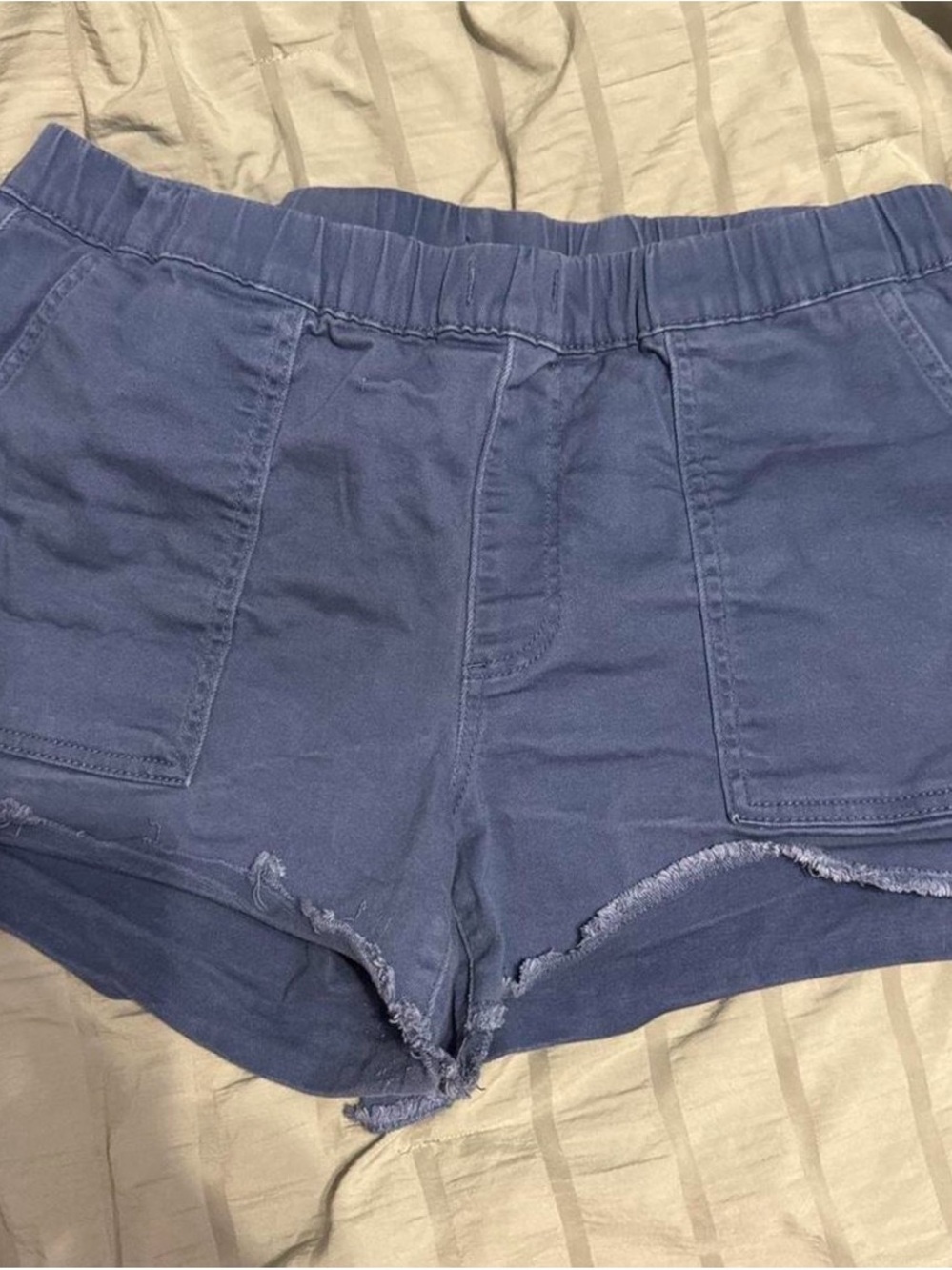 YMI Navy Blue Frayed Hem Elastic Waist Jean Shorts